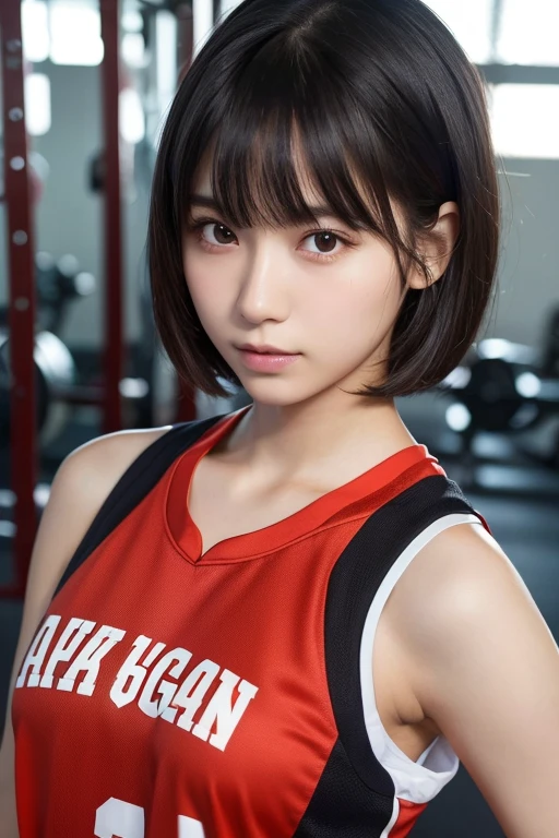 (High resolution:1.3), (16k, Realistic, RAW Photos, Best image quality: 1.4), Japanese, (One girl), Beautiful Face, (Lively Faces), (Black-haired、short hair:1.3、bangs:1.2), Beautiful Hairstyles, Realistic eyes, Beautiful and detailed eyes, (Realistic Skin), Beautiful skins, Charm, 超A high resolution, Surreal, High detail, Golden Ratio, Highly detailed cute girl,(20-year-old), Basketball Player, Indoors in a gym, Photos taken from a distance