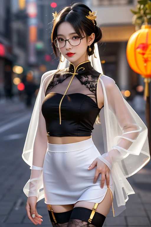 Shy woman on a rainy night,(8K Ultra HD、Digital SLR Camera、Soft Light、high quality、Volumetric Lighting、frank、photo、high resolution、4k、8K、Bokeh),(Rich details on the eyes and face,warm color, Very saturated colors,Show a charming smile, little cherry mouth, mouth closed, Balanced Eyes, Perfect face, Pretty Face, black eyes,Skin is transparent and visible, Shirasawa skin, cosmetic, (Glasses),earrings, necklace, Jewelry,veil,Hair accessories),(Create stunning images of real girls, warm light, Dynamic poses, Elegant Posture, Cowboy lens, Front full body,Look confident from the front,Body facing the camera,Standing pose facing the camera,Open your legs slightly,Golden Ratio Graphics,Minimalism, ), ,Chinese anime girl,Waist-length hair,Messy Hairstyle,,Gradient hairstyles,Cyberpunk hairstyle,(Transparent clothes:1.5),Corn colored clothes,Thin clothes。Transparent mesh clothes,Transparent clothes,Transparent tights,(Sexy,Perfect breast shape、Very detailed breasts,34E cup),No underwear,(Super high waist,Waist hollow,Levain),Black socks.(Clear knee-length socks、Garter socks,Leg ring,garter、腿部garter)