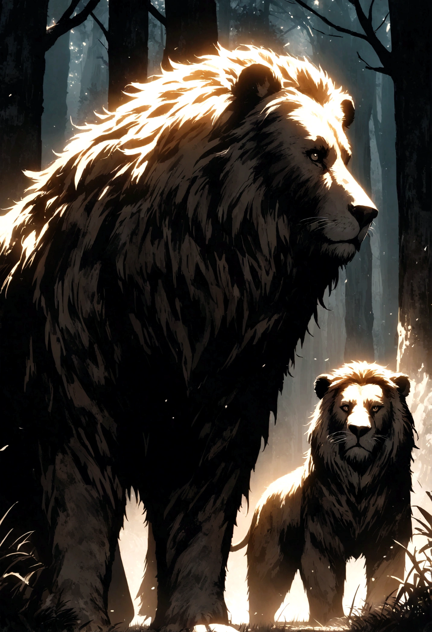 On the left, a majestic grizzly bear standing tall in a forest setting. On the right, a fierce lion in the savannah. Cinematic and dramatic lighting, high contrast, detailed fur and mane texture, epic atmosphere.
