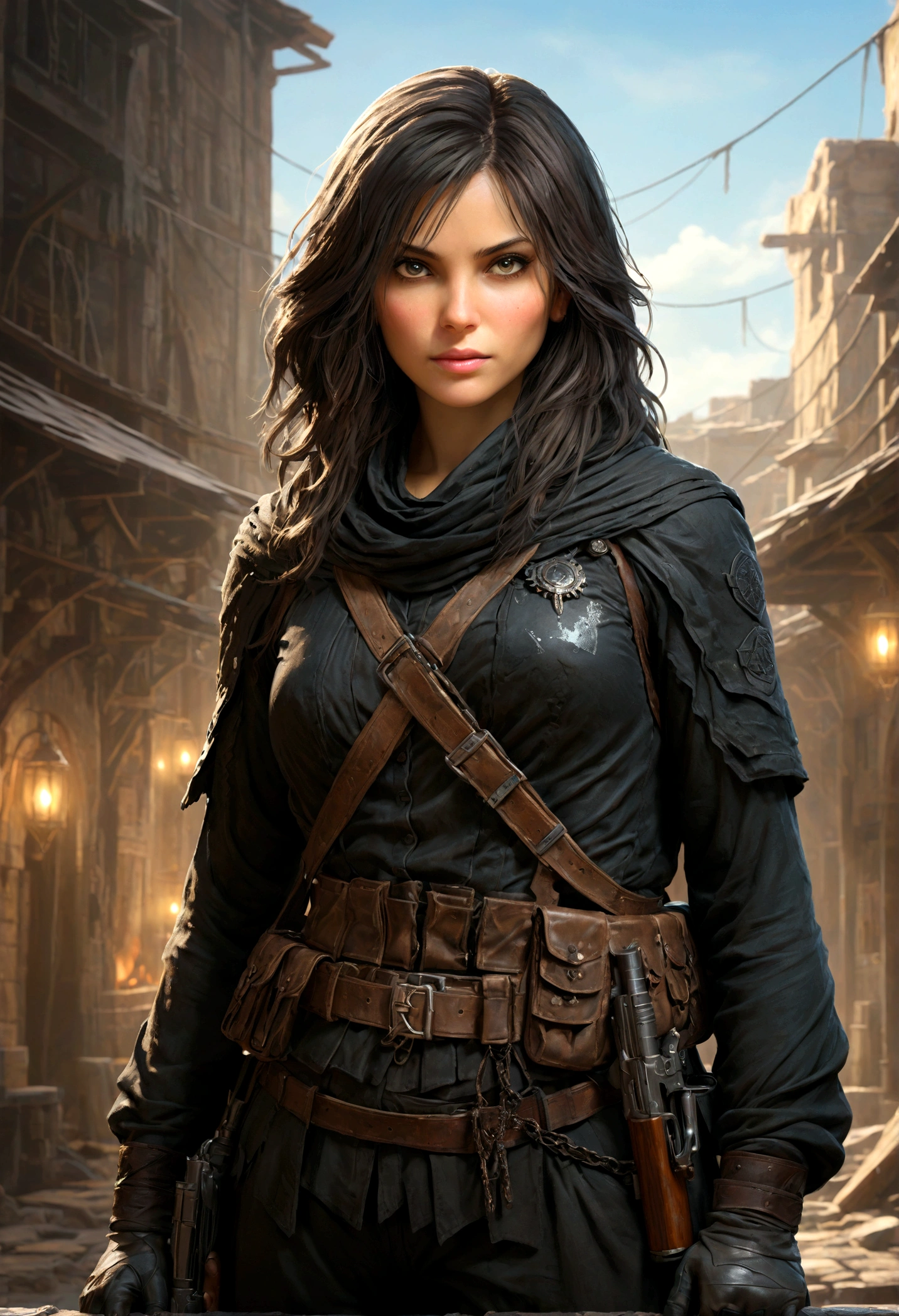 create a beautiful detailed image of a powerful and confident female division character holding a gun. she should exude strength and determination. Early 30's, Hair Long, Dark and flowing styled elegantly but practical. in a form fitting tactical outfit