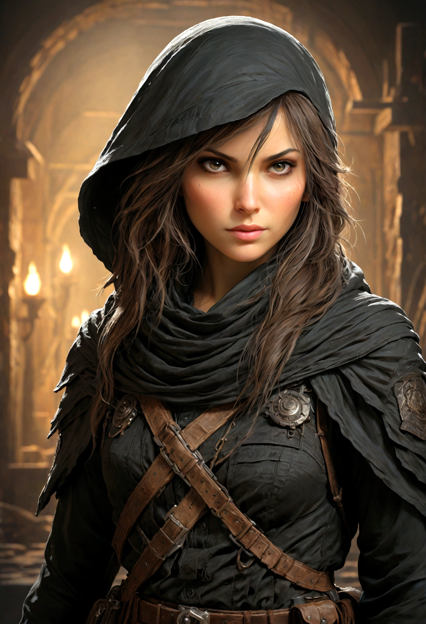 create a beautiful detailed image of a powerful and confident female division character holding a gun. she should exude strength and determination. Early 30's, Hair Long, Dark and flowing styled elegantly but practical. in a form fitting tactical outfit