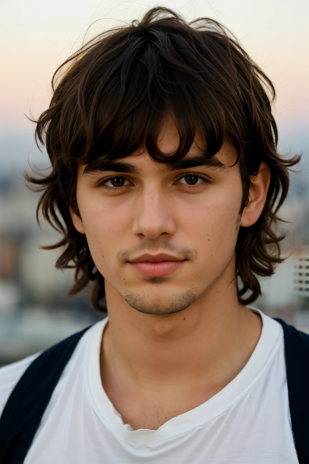 disheveled brown hair boy with bangs, ojos PLATEADOS, nariz recta, lunares. el fondo es una ciudad de noche