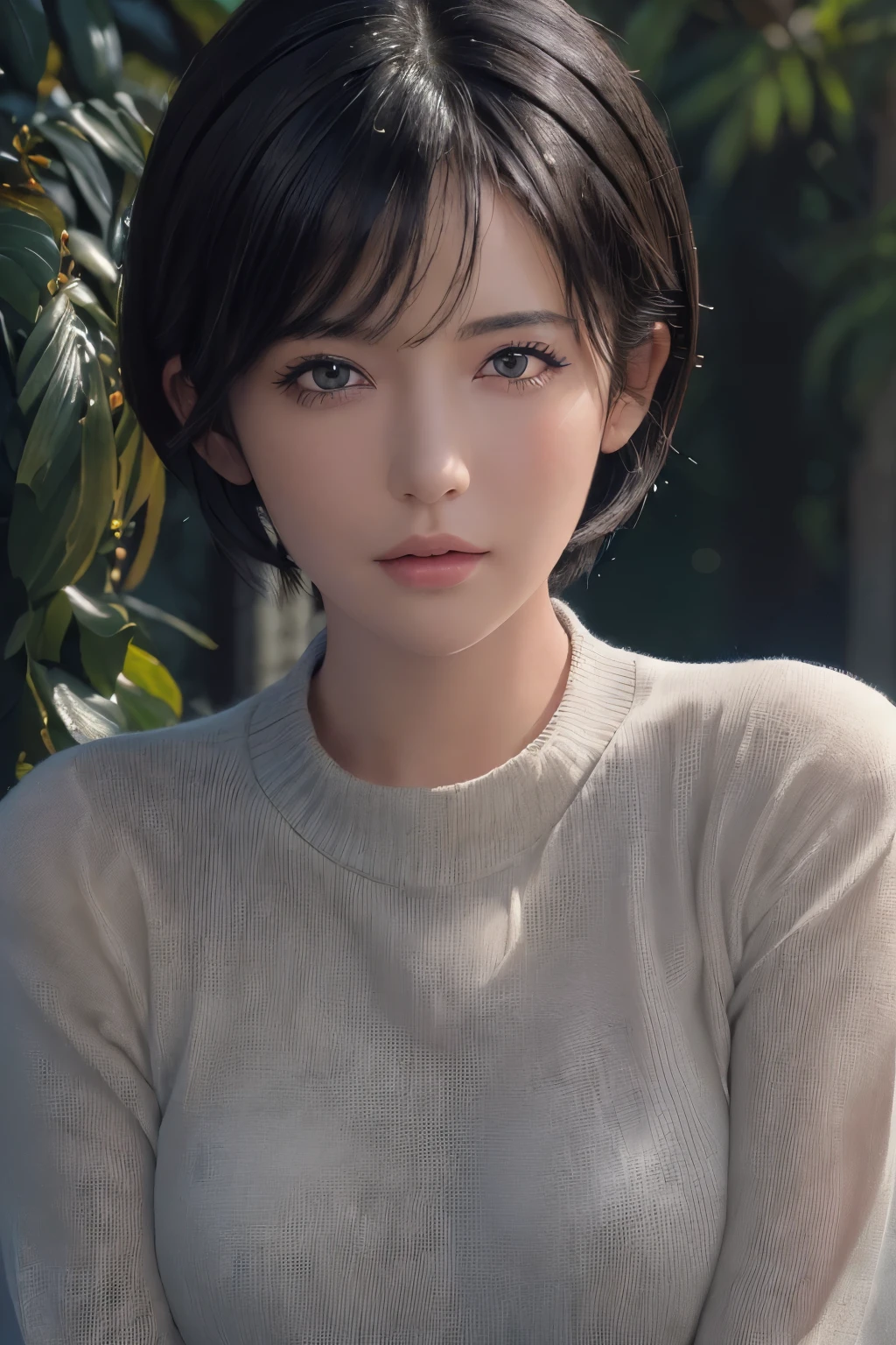(masterpiece:1.3), (8k, photorealistic, RAW photo, best quality: 1.4), (1girl), beautiful face, (realistic face), (black hair, short hair:1.3), beautiful hairstyle, realistic eyes, beautiful detailed eyes, (realistic skin), beautiful skin, (sweater), absurdres, attractive, ultra high res, ultra realistic, highly detailed, golden ratio