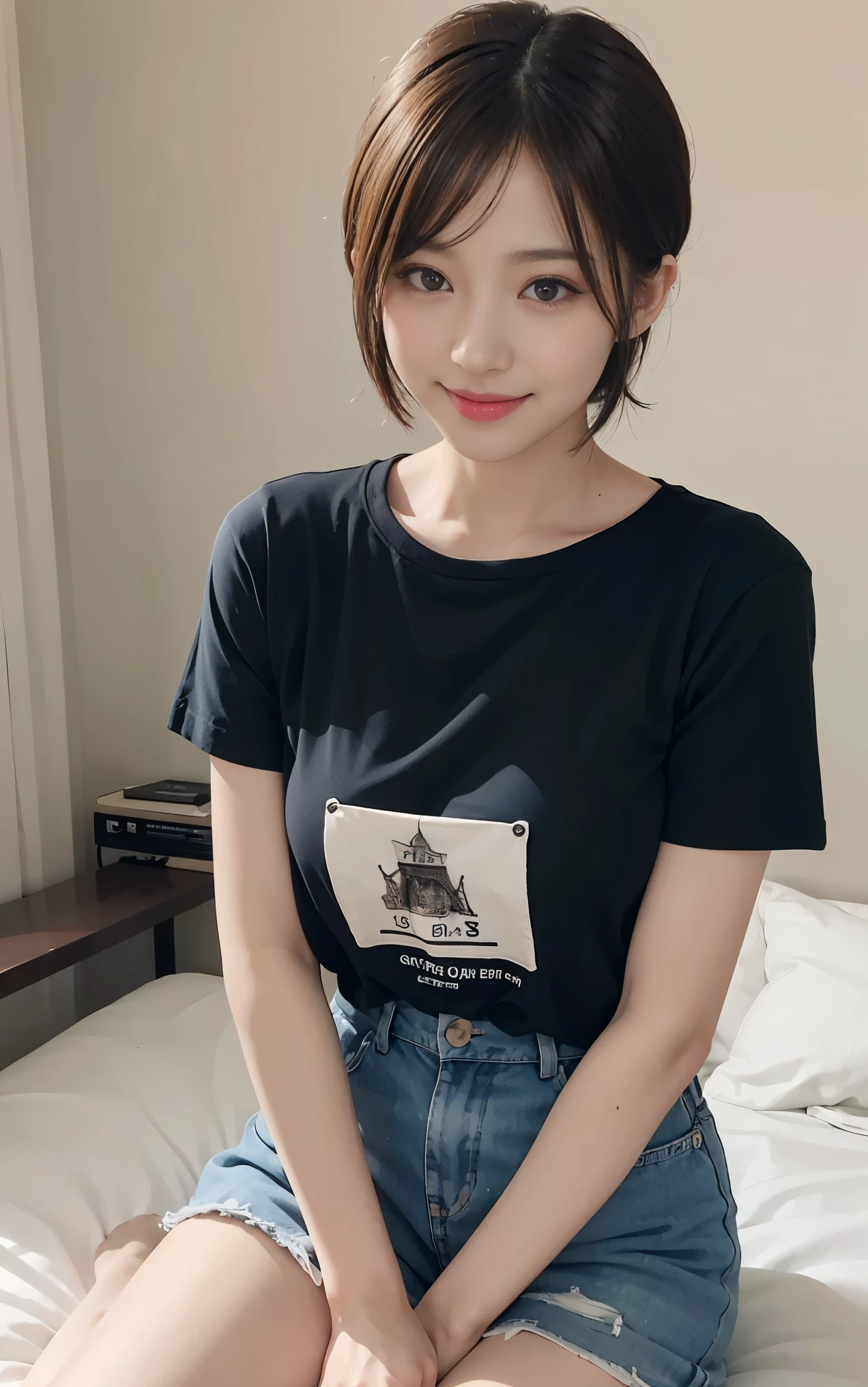 Cute 21 years old Japan、Sitting on the bed、tshirts、Super Detail Face、Eye of Detail、double eyelid、beautiful thin nose、sharp focus:1.2、prety woman:1.4、(light brown hair,short cut hair,、top-quality、masterpiece、超A high resolution、(Photorealsitic:1.4)、full body Esbian、A smile、C cup breasts、