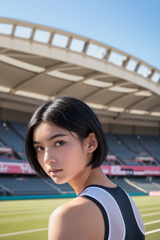 Blowing in the wind for a long time [Blue-black:.3] hair,Show Viewer, (masterpiece:1.3), (8k, Realistic, RAW Photos, highest quality: 1.4), Japanese, (One Girl), Beautiful Face, (Realistic Face), (black hair, short hair:1.3), beautiful hairstyle, Realistic eyes, Beautiful details, (Realistic Skin), Beautiful Skin, charm, Ultra-high resolution, Ultra-realistic, Very detailed, (), Track and field athlete、Athletics Stadium
