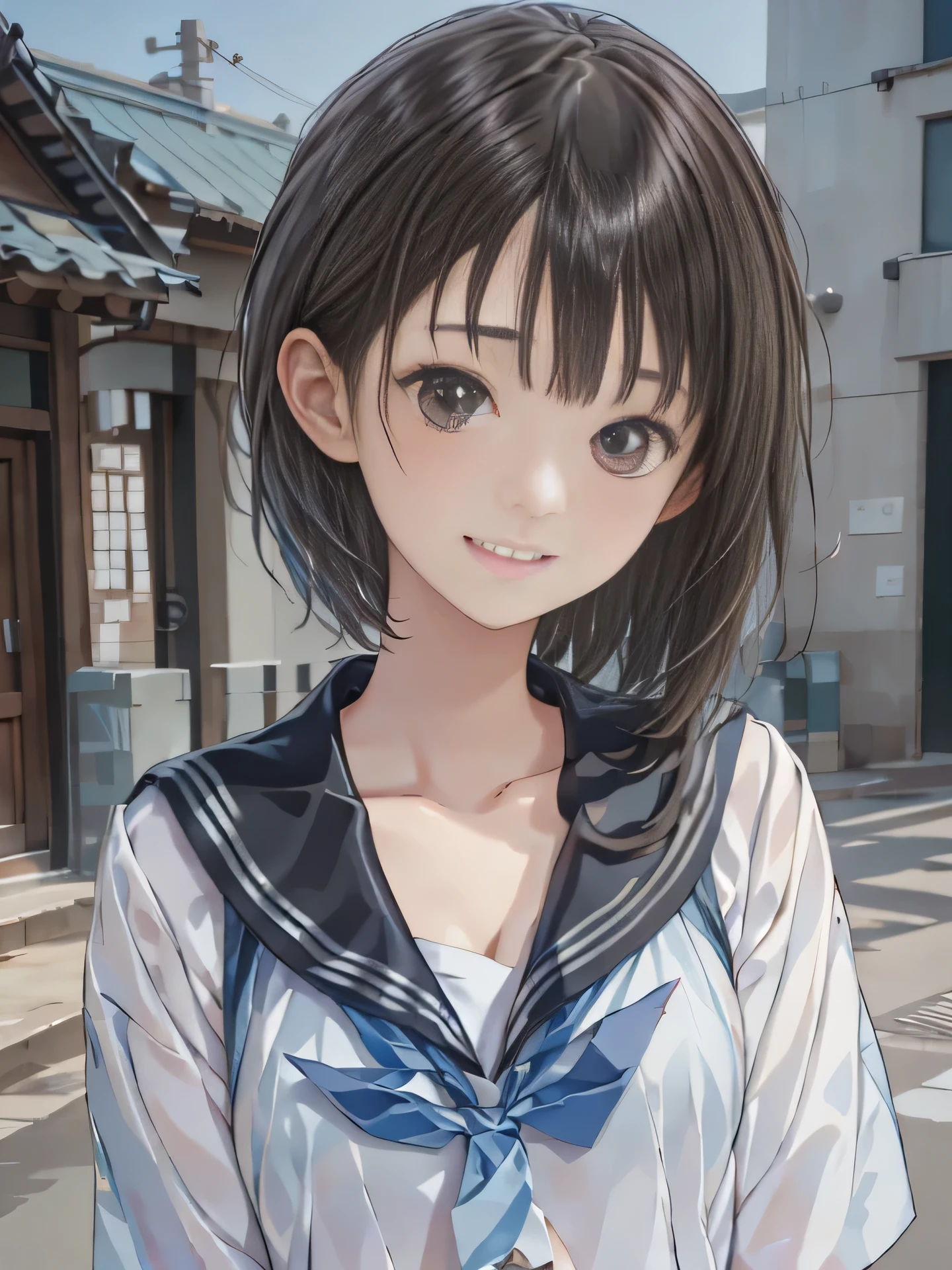 1girl, realistic, solo, smile, JK uniform, serafuku, looking at viewer, teeth, sailor collar, red neckerchief, upper body, grin, shirt, black eyes, black hair, white shirt, real life insert, brown hair, grey background, medium hair