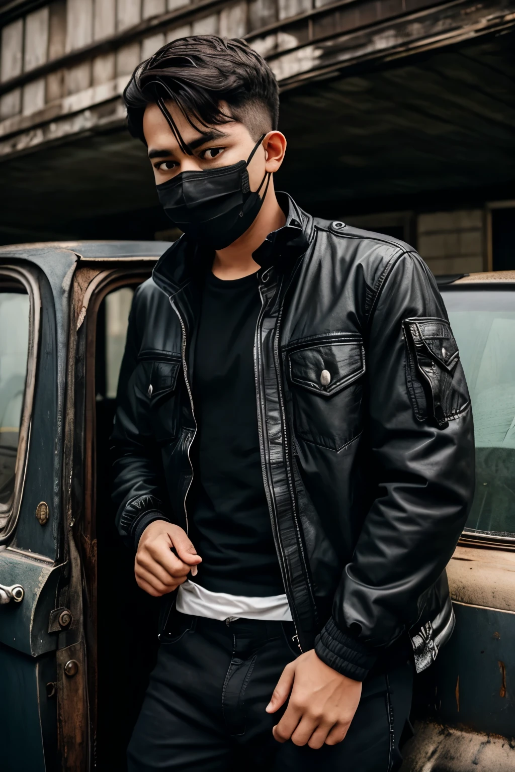 A boy wearing black jacket and mask in a creepy old car