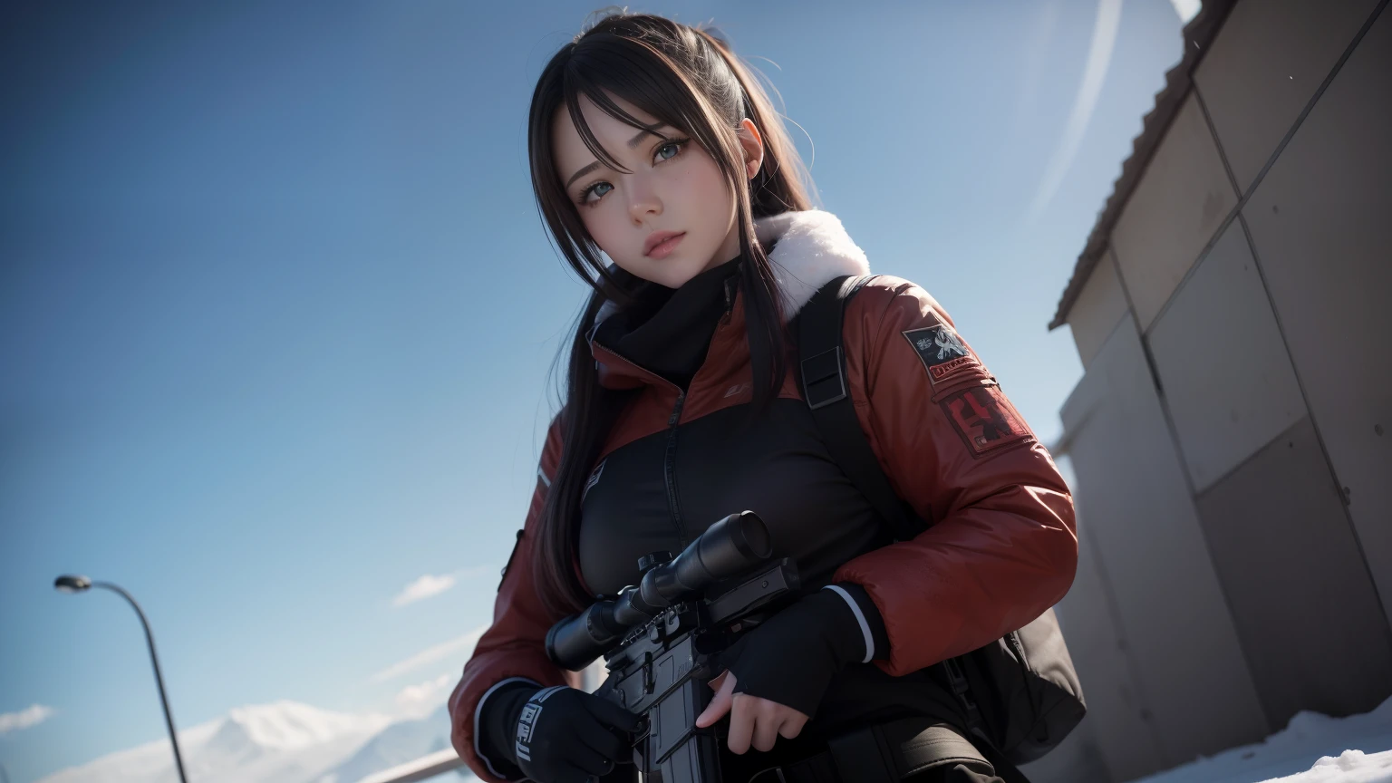(8K, La mejor calidad, Obra maestra:1.2) personajes dos chicas de anime juntas labios rojos gruesos y calientes Ojos 4k y cara extremadamente detallados,hermosos ojos azules hermosos ,con pechos enormes muslos hechizantes cuerpo completo sentados en un banco en la nieve con un sniper, Desde NCSOFT, De Girls Frontline, Ilustraciones oficiales HDR,