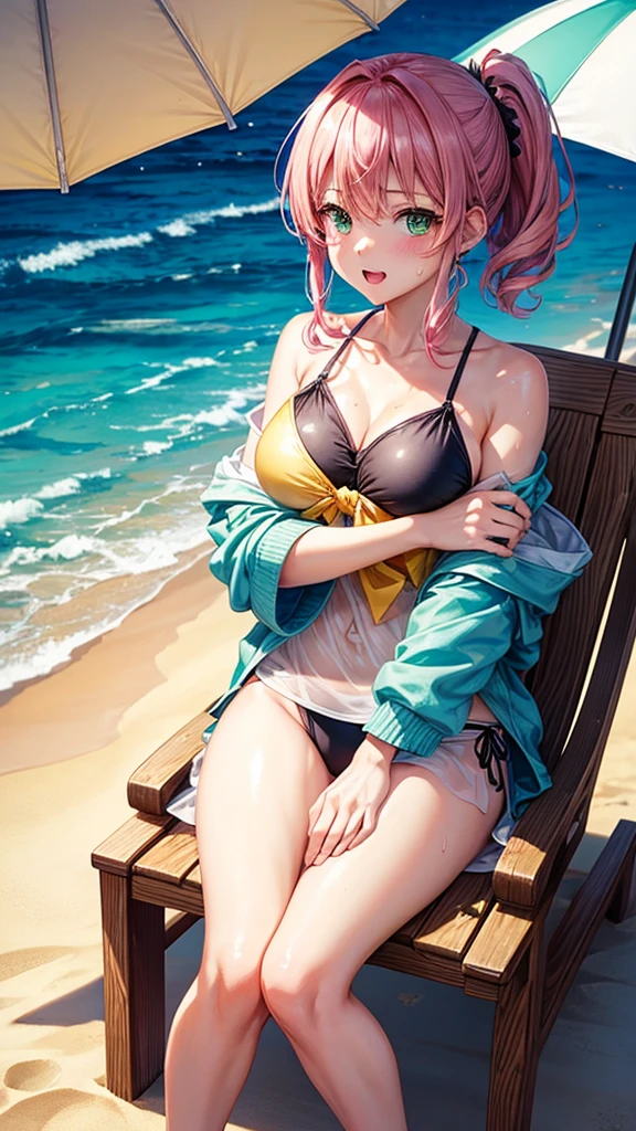 (highest quality)), ((masterpiece)), (Familiar), Perfect Face,Shiny skin,Beautiful breasts,Kyoto Animation style drawing,Shiny skin、Swimwear、hoodie、Sunburned skin、Sweat、Off the shoulder、Double teeth、Emerald green eyes
、Short Hair、ponytail、Pink Hair、Young、Big Breasts、Embrace、Beach、Sandy Beach、night、Fireworks、summer、dark skin、close、near、Parasol、Recliner、juice、See-through、