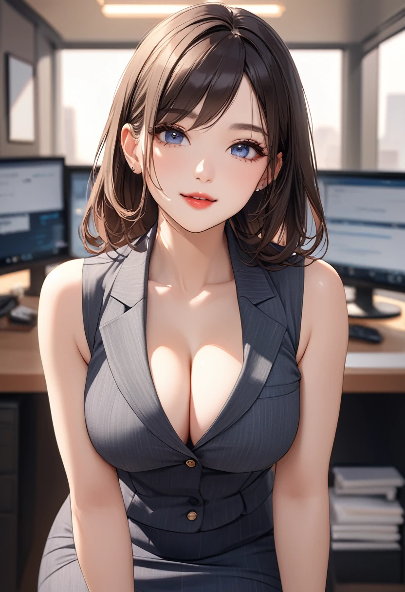 (((masterpiece))),(((High resolution)))、(((8K quality)))、(((perfect face)))、(((Beautiful office woman))), ((sleeveless)), tights, skirt, look at the camera, ((top quality eyes)), detailed face, (detailed texture), look at the camera, big,cleavage,lipstick,Smile