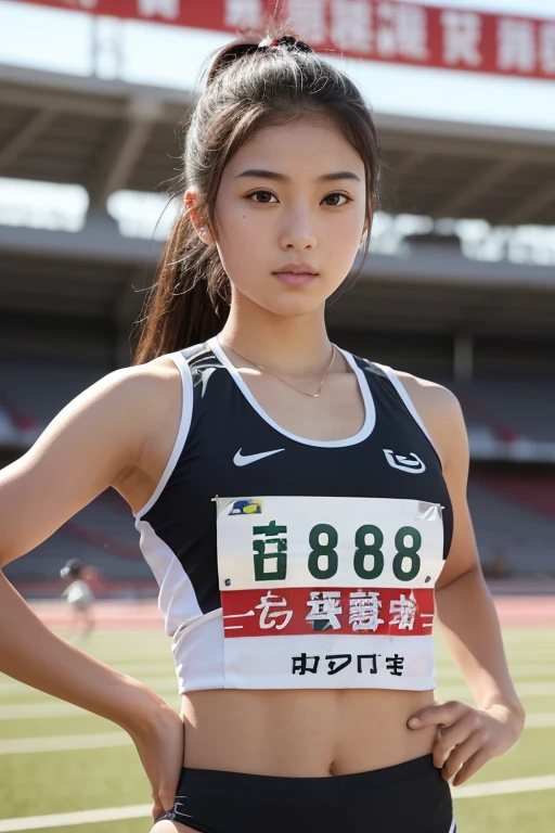 (masterpiece:1.3), (8k, Realistic, RAW Photos, highest quality: 1.4), Japanese, (One Girl), Beautiful Face, (Realistic Face), (black 髪, short 髪:1.3), beautiful 髪style, Realistic eyes, Beautiful details, (Realistic Skin), Beautiful Skin, charm, Ultra-high resolution, Ultra-realistic, Very detailed, (14 years old), Track and field athlete、Athletics Stadium