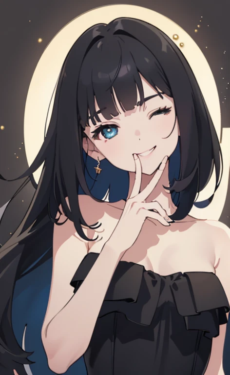 (Photorealistic:1.4)、(,20-year-old:1.5),(masterpiece、Blue lens flare:1.5、spot light:1.2、Exquisite beautiful eye:1.5,portlate),(kind eyes、tareme:1.9),(Close-up of face,face focus1.7)、Cute Face、 3D Face、(black hair:1.5)、(middle hair:1.5),(sidelock :1.5),(blunt bangs:1.3),(1 woman)、(aqua eyes:1.2)、(upper body:1.5)、(light smile:1.5)、(one eye closed:1.5),(head tilt) ,(Cute face:1.2),(flat chest),(),kind face,(strapless evening dress:1.5),(black background:1.5)、()、()、 Neat and clean、Adorable、Demure,Slim Body(),Shiny Hair、(hand to own mouth)、