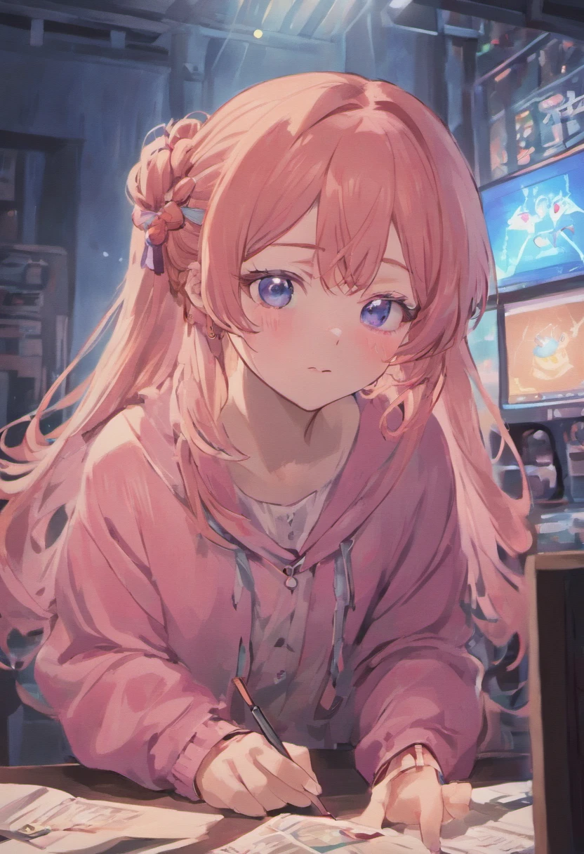 A 20 year old girl with long pink hair in three braids, beautiful detailed eyes, beautiful detailed lips, extremely detailed face, longeyelashes, wearing pastel blue pajamas, fashion glasses, sitting in her room at midnight, slightly blushing, smiling, talking on smartphone, (best quality,4k,8k,highres,masterpiece:1.2),ultra-detailed,(realistic,photorealistic,photo-realistic:1.37),vibrant colors,warm lighting,intricate details,delicate shading,soft focus,detailed background