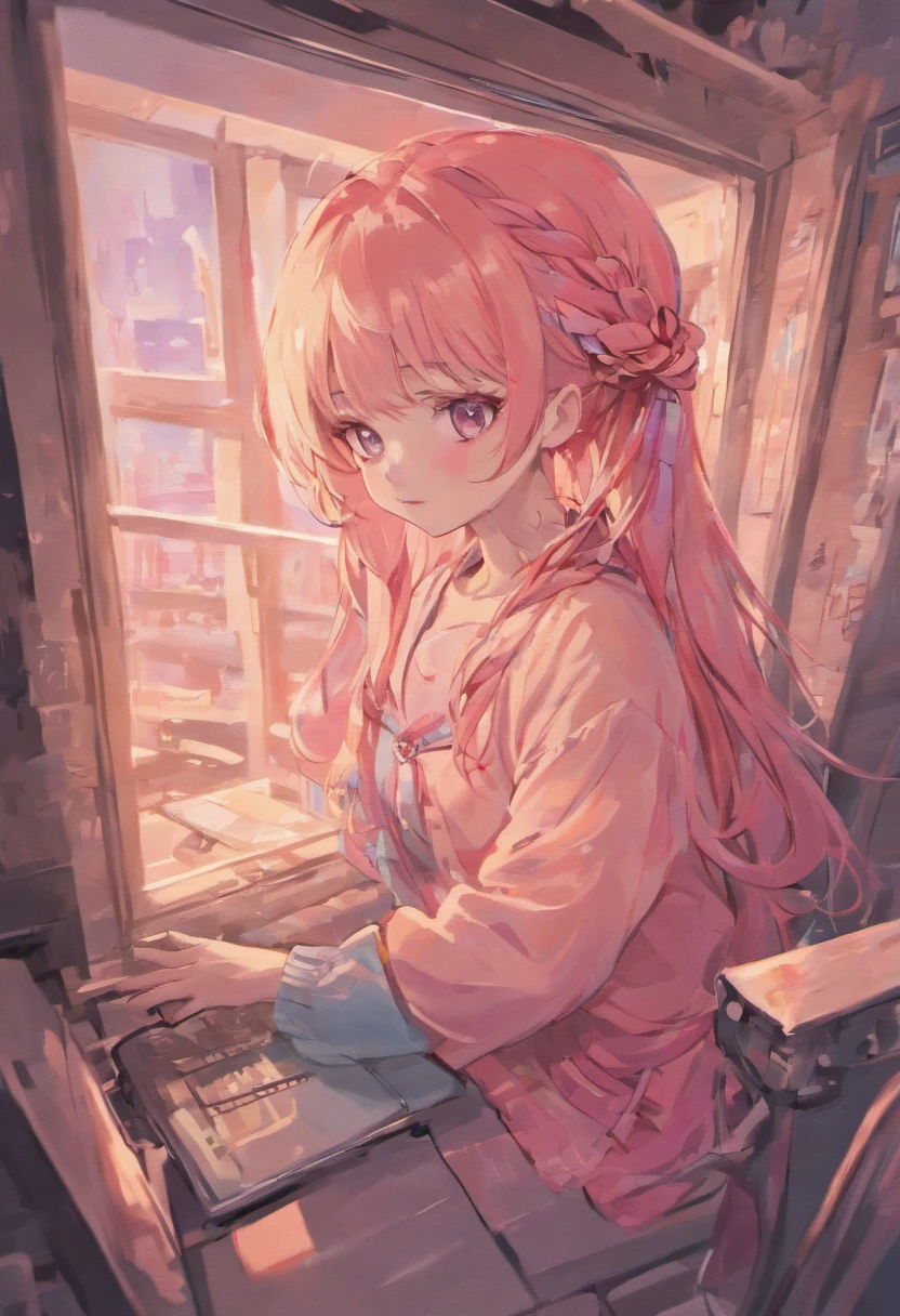 A 20 year old girl with long pink hair in three braids, beautiful detailed eyes, beautiful detailed lips, extremely detailed face, longeyelashes, wearing pastel blue pajamas, fashion glasses, sitting in her room at midnight, slightly blushing, smiling, talking on smartphone, (best quality,4k,8k,highres,masterpiece:1.2),ultra-detailed,(realistic,photorealistic,photo-realistic:1.37),vibrant colors,warm lighting,intricate details,delicate shading,soft focus,detailed background