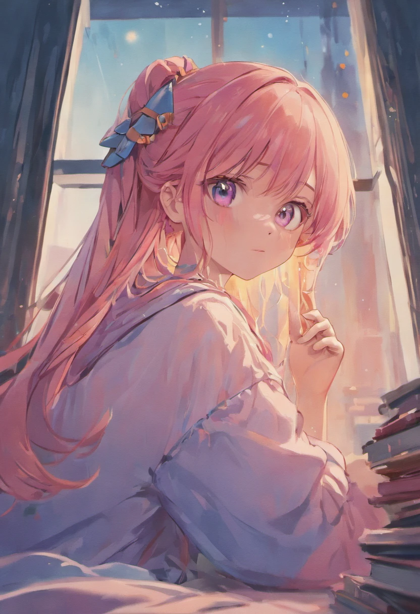 A 20 year old girl with long pink hair in three braids, beautiful detailed eyes, beautiful detailed lips, extremely detailed face, longeyelashes, wearing pastel blue pajamas, fashion glasses, sitting in her room at midnight, slightly blushing, smiling, talking on smartphone, (best quality,4k,8k,highres,masterpiece:1.2),ultra-detailed,(realistic,photorealistic,photo-realistic:1.37),vibrant colors,warm lighting,intricate details,delicate shading,soft focus,detailed background