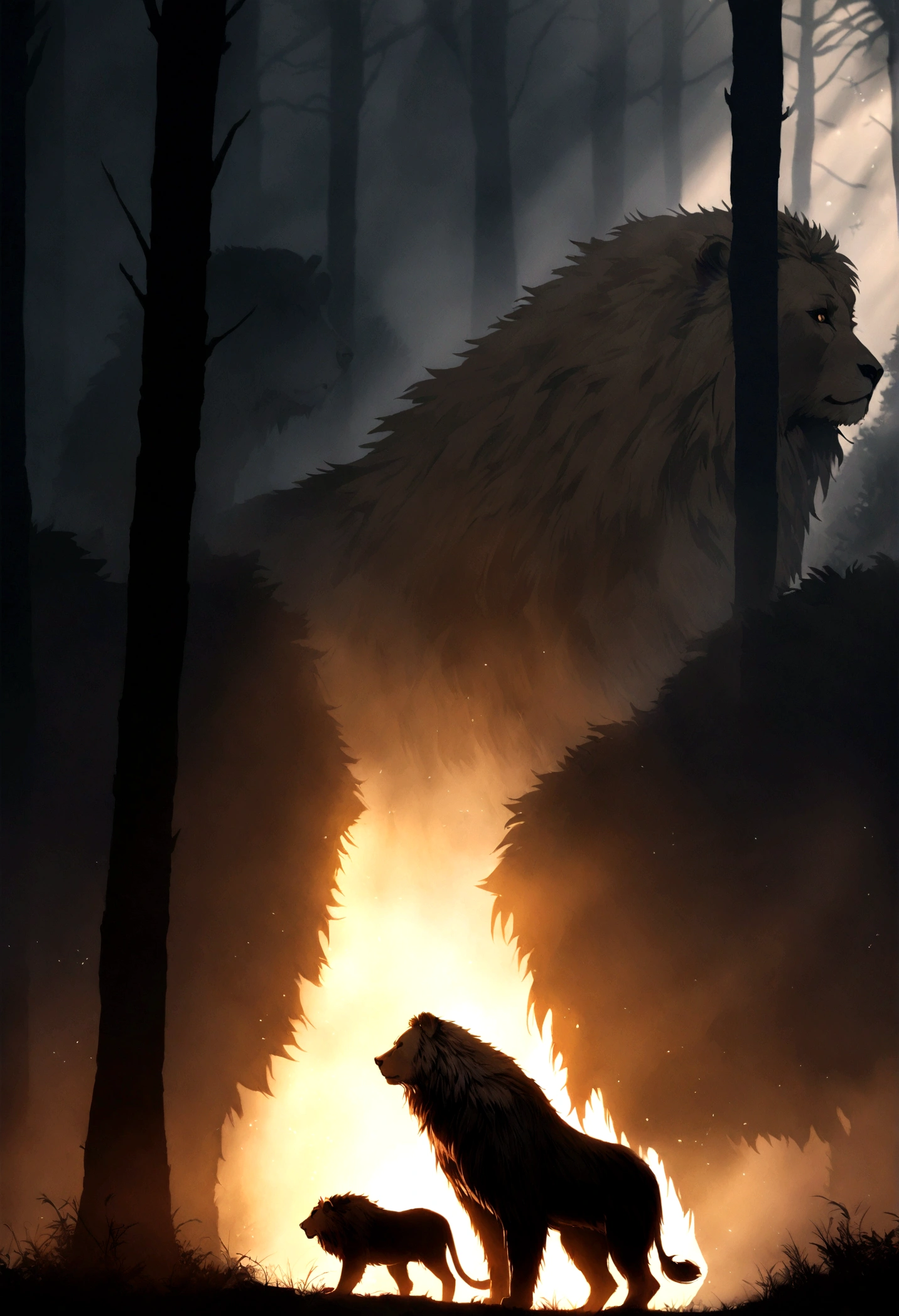 On the left, a majestic grizzly bear standing tall in a forest setting. On the right, a fierce lion in the savannah. Cinematic A dramatic image  dramatic lighting, high contrast, detailed fur and mane texture, epic atmosphere.
