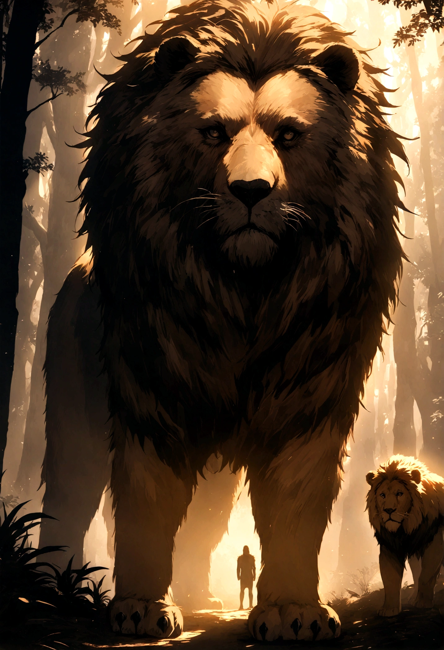 On the left, a majestic grizzly bear standing tall in a forest setting. On the right, a fierce lion in the savannah. Cinematic A dramatic image dramatic lighting, high contrast, detailed fur and mane texture, epic atmosphere.