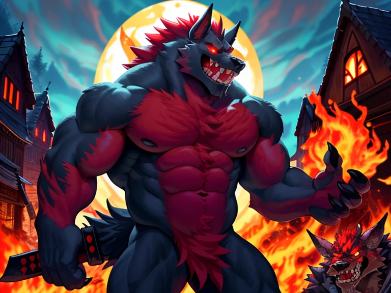 Demon, fear, monster, strong, naked, hellhound, ceobald, wolf, orc, red fur, strong, strong body, thick, giant, furry, horror monster, giant, werewolf, from hell, rape face, brutal, huge, win, torture, flame, grin, bloody, huge knife, big sword, two-handed sword, butcher, ogre, killer, demon, purgatory, flame, laugh, red eyes, handsome, nightmare, destroy town, drool, cannibalism, broken limbs, death, wailing, corpses everywhere, fire rising to the sky