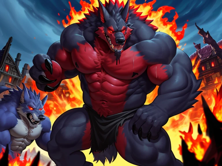 Demon, fear, monster, strong, naked, hellhound, ceobald, wolf, orc, red fur, strong, strong body, thick, giant, furry, horror monster, giant, werewolf, from hell, rape face, brutal, huge, win, torture, flame, grin, bloody, huge knife, big sword, two-handed sword, butcher, ogre, killer, demon, purgatory, flame, laugh, red eyes, handsome, nightmare, destroy town, drool, cannibalism, broken limbs, death, wailing, corpses everywhere, fire rising to the sky