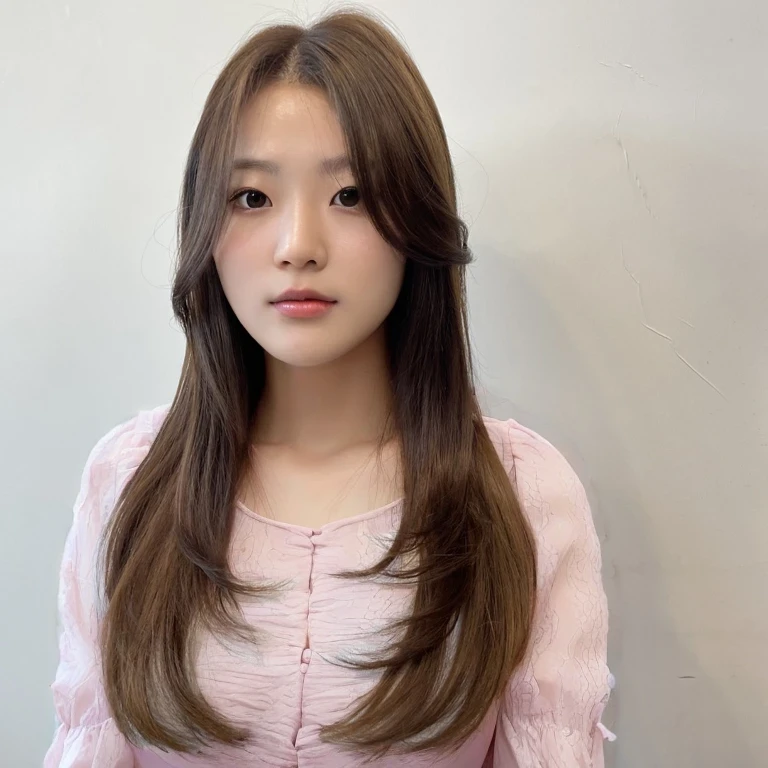 Best Quality, 8k, Masterpiece, (Portrait: 1.3), (photo realistic:1.4), (hyper realistic:1.4), Sharp Focus, looking at viewer, (smoother lighting:1.1), (increase cinematic lighting quality:0.9), realistic lighting, backlighting, light on face, ray trace, (brightening light:1.2), (Increase quality:1.4), sharp detail, (best quality real texture skin:1.4), finely detailed eyes, black_eyes, finely detailed face, 25 year old Korean woman, (pink dress_shirt:1.4), (Create an image maintaining the original base model hairstyle:1.5)