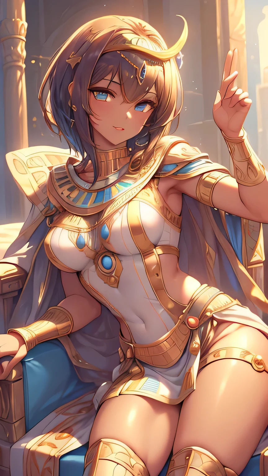 ((best quality)), ((masterpiece)), (detailed face and eyes), perfect face, accurate, textured skin, high details, highres, perfect body, Cleopatra, queen of ancient Egypt, silk dress, jewelled crown, lipstick, cowboy shot, Tanned skin, brown skin, short hair, throne