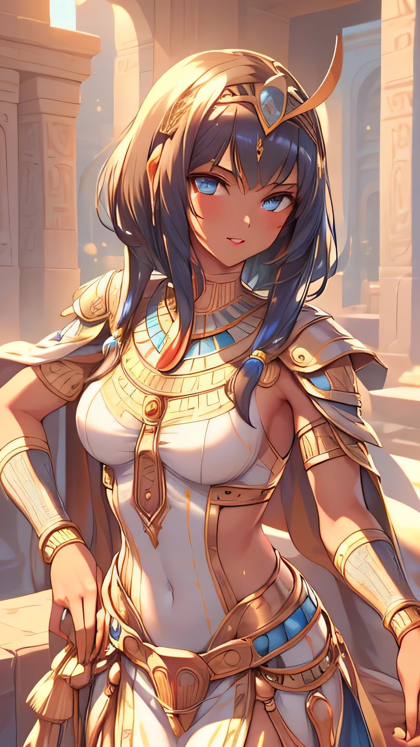 ((best quality)), ((masterpiece)), (detailed face and eyes), perfect face, accurate, textured skin, high details, highres, perfect body, Cleopatra, queen of ancient Egypt, silk dress, jewelled crown, lipstick, cowboy shot, Tanned skin, brown skin, short hair, throne