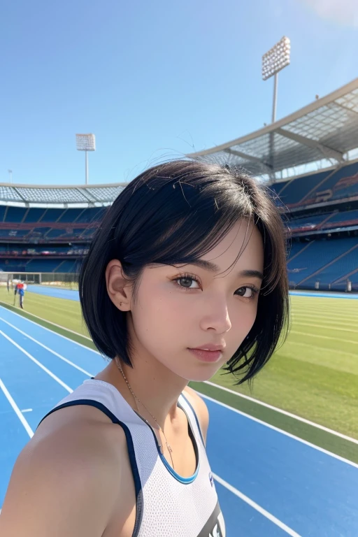 Blowing in the wind for a long time [Blue-black:.3] hair,Show Viewer, (masterpiece:1.3), (8k, Realistic, RAW Photos, highest quality: 1.4), Japanese, (One Girl), Beautiful Face, (Realistic Face), (black hair, short hair:1.3), beautiful hairstyle, Realistic eyes, Beautiful details, (Realistic Skin), Beautiful Skin, charm, Ultra-high resolution, Ultra-realistic, Very detailed, (40 years old), Track and field athlete、Athletics Stadium
