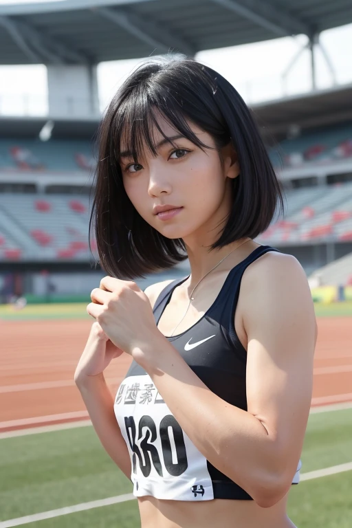 Blowing in the wind for a long time [Blue-black:.3] hair,Show Viewer, (masterpiece:1.3), (8k, Realistic, RAW Photos, highest quality: 1.4), Japanese, (One Girl), Beautiful Face, (Realistic Face), (black hair, short hair:1.3), beautiful hairstyle, Realistic eyes, Beautiful details, (Realistic Skin), Beautiful Skin, charm, Ultra-high resolution, Ultra-realistic, Very detailed, (40 years old), Track and field athlete、Athletics Stadium