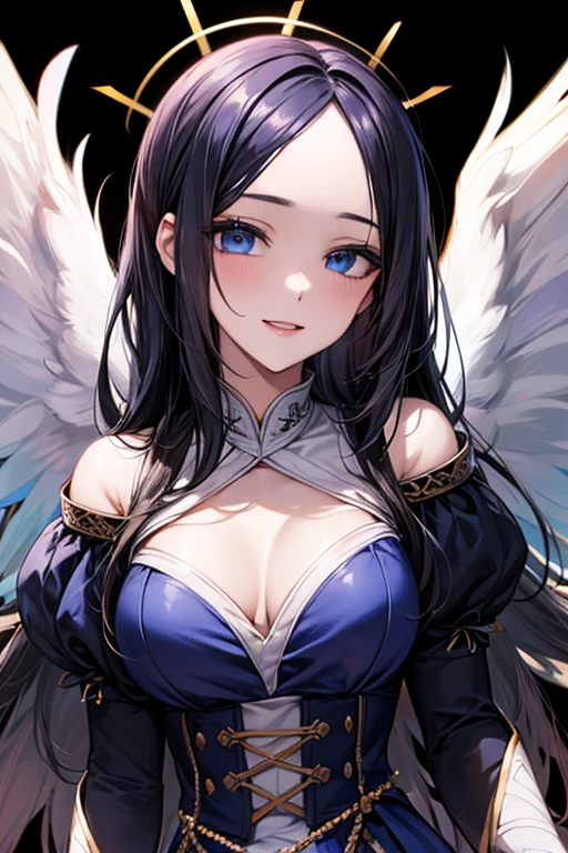 ((forehead)), masterpiece, masterpiece_portrait, distinct, distinct_image, high_resolution, highres, high_quality_anime, high_quality, hyper_detail, finely_detailed,4K, YUJU, GFRIEND , sexy body, ((black hair)), blue eyes, smile, happy, angel, ((white wings)), angel clothes, heaven, ((whole body))