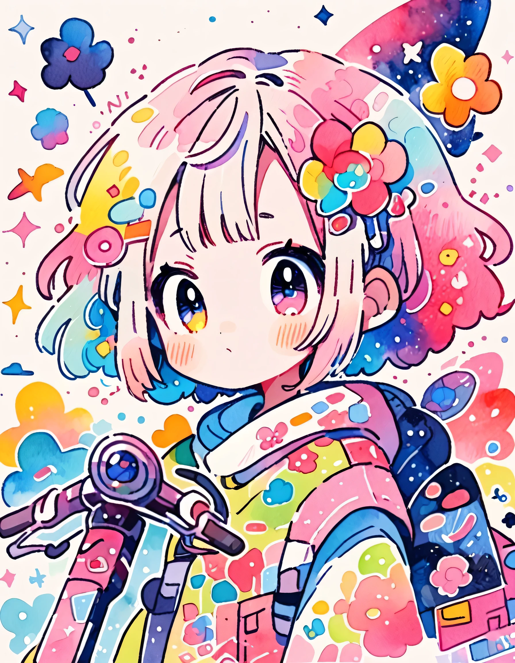 Akira Toriyama style, (((kawaii design))), The most beautiful girl of all time、Lovely aliens, galactic universe、8K Quality、Intense watercolor, Detailed watercolor art, Watercolor splash, Surreal, avant-garde pop art, Beautiful and expressive paintings, Beautiful artwork illustration, Very colorful tones, wonderful, Cool beauty, highest quality、Official Art, Vector art, (((highest quality))), HDR, ((detailed)), (((Doodle Art)), ((masterpiece)), ((Super detailed)), (((Colorful flowers))), (((adventure)))