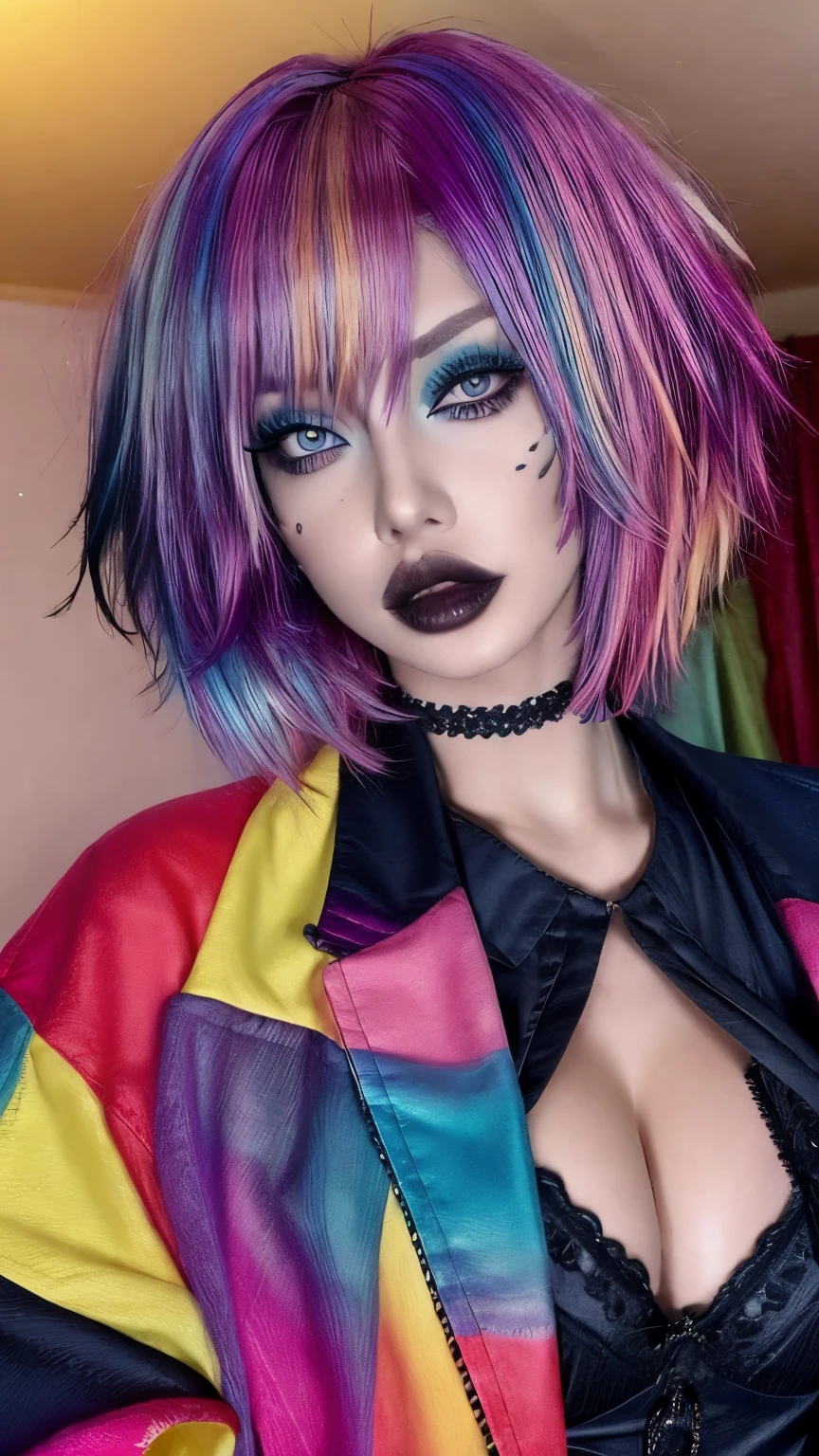 1girl, solo, goth ,short messy hair, short hair, eyeshadow, mascara, color: spectrum, vivid colors, rainbow hair , bright rainbow hair, perfect eyes, detailed eyes, big breasts, indoors, long sleeves, highly detailed portrait, cute, full body shot, bimbo, bimbolips, jacket