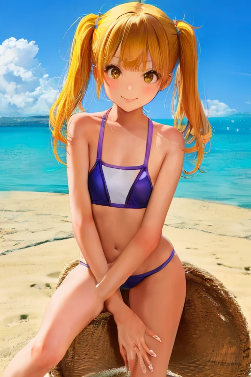 Wearing a competitive swimsuit、Beach、one piece、High leg、yellow、Twin tails