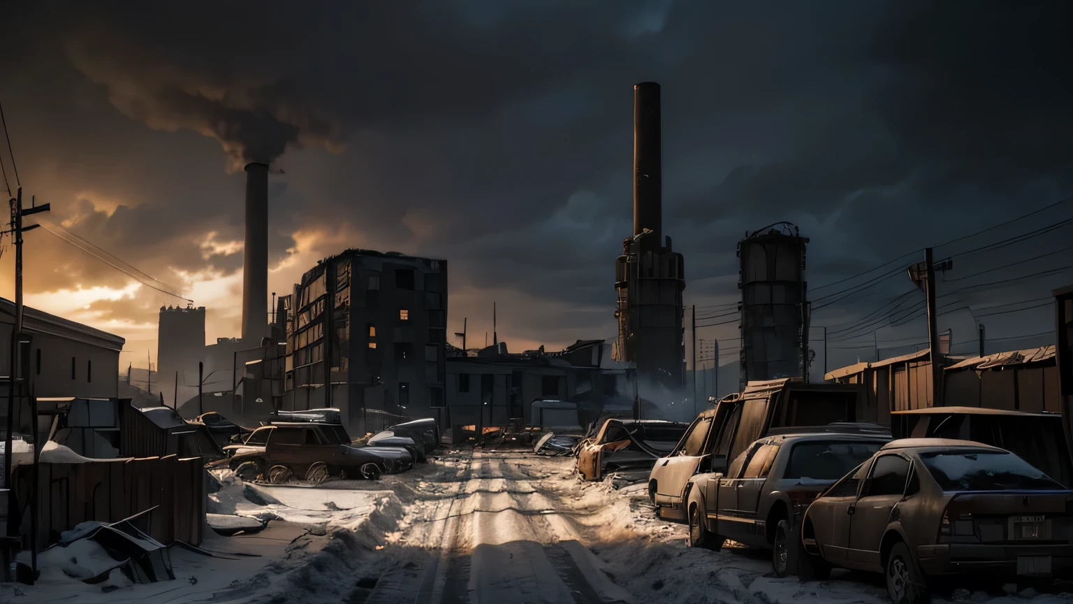 Dramatic lighting, chiaroscuro, post-apocalyptic, view from ground level, Russian city, rubble, no cars, black smoke from industrial chimneys, column of hundreds of prisoners in ragged clothes and shackled together, wooden watchtowers, debris, deep snow, daytime but overcast