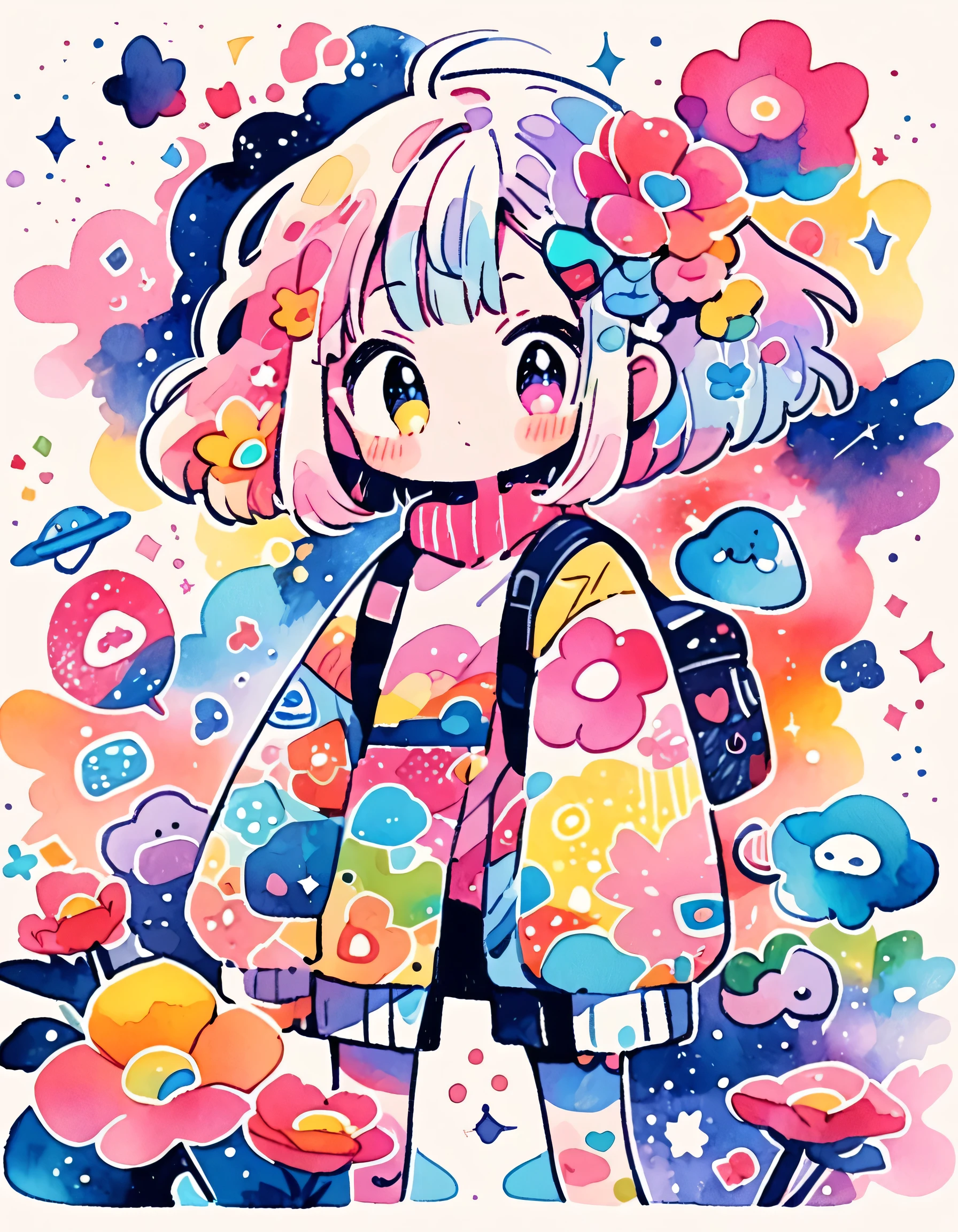 Akira Toriyama style, (((kawaii design))), The most beautiful girl of all time、Lovely aliens, galactic universe、8K Quality、Intense watercolor, Detailed watercolor art, Watercolor splash, Surreal, avant-garde pop art, Beautiful and expressive paintings, Beautiful artwork illustration, Very colorful tones, wonderful, Cool beauty, highest quality、Official Art, Vector art, (((highest quality))), HDR, ((detailed)), (((Doodle Art)), ((masterpiece)), ((Super detailed)), (((Colorful flowers))), (((adventure)))