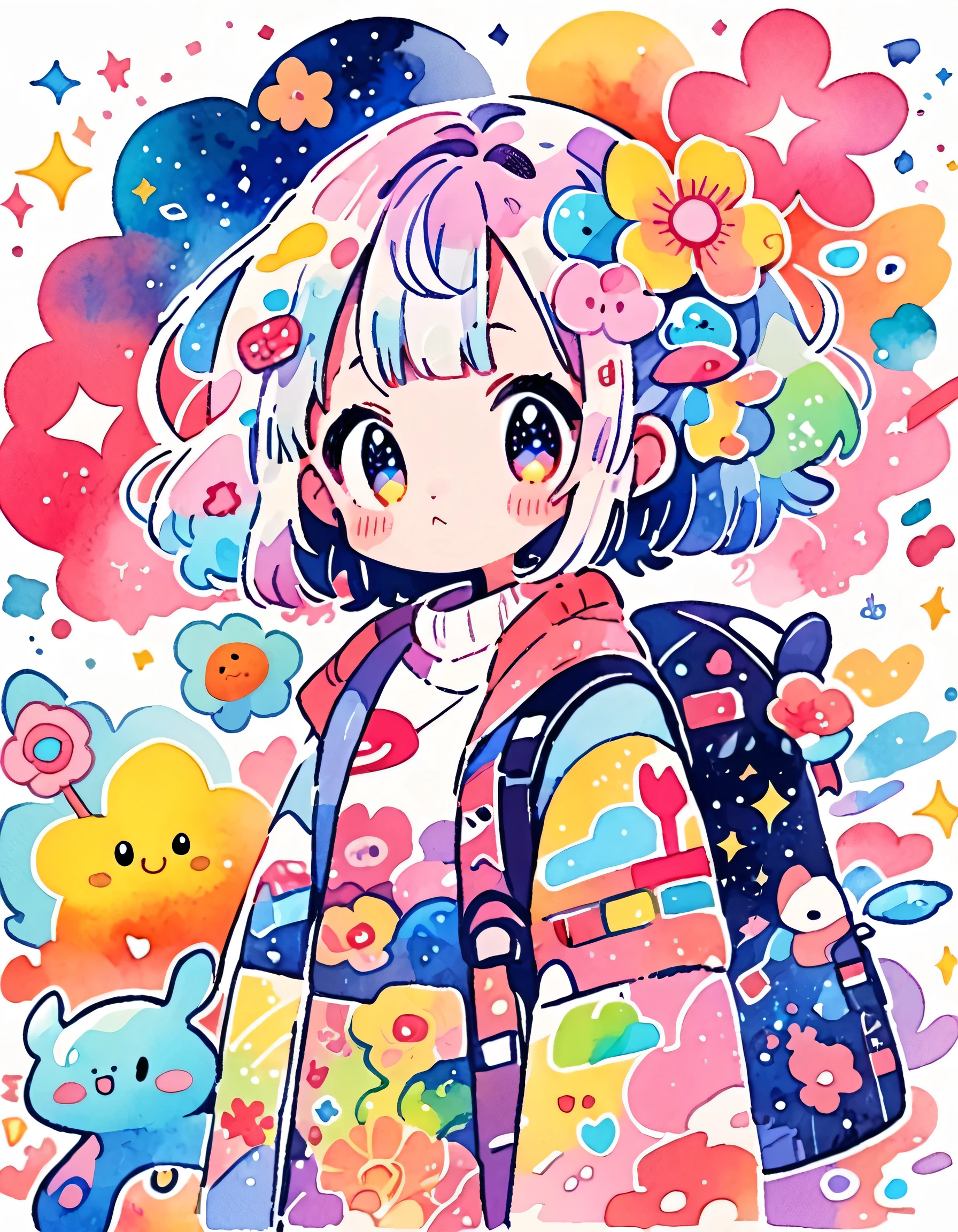 Akira Toriyama style, (((kawaii design))), The most beautiful girl of all time、Lovely aliens, galactic universe、8K Quality、Intense watercolor, Detailed watercolor art, Watercolor splash, Surreal, avant-garde pop art, Beautiful and expressive paintings, Beautiful artwork illustration, Very colorful tones, wonderful, Cool beauty, highest quality、Official Art, Vector art, (((highest quality))), HDR, ((detailed)), (((Doodle Art)), ((masterpiece)), ((Super detailed)), (((Colorful flowers))), (((adventure)))