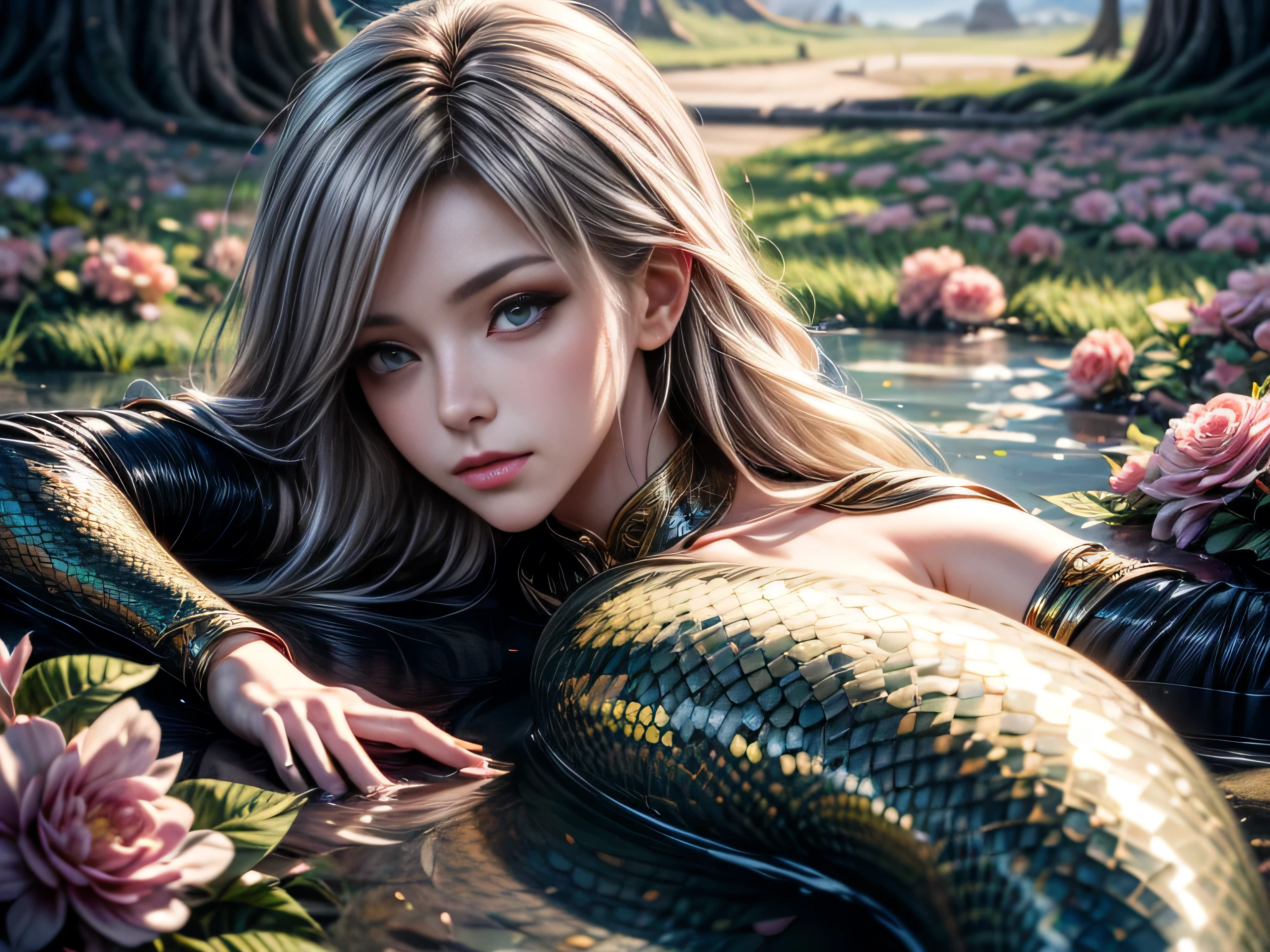 (Best Quality, 8K, Masterpiece, HDR, Soft Lighting, Picture Perfect, Realistic, Vivid), White Snake Girl (1.0), Naga Girl (1.0), Snake Girl, Snake Girl with White Hair and Sexy Open Scales pink bodysuit snake texture, Beautiful Anime fantasy, Very beautiful and cute snake girl, rain of pink flower petals, background blur, anime fantasy, work in Gouves style, realistic: 1.37, top view, lying in pink flowers, horizontal view , (Ultra High Quality Fantasy Art), Masterpiece, Female Model, Ultra High Quality Female Character Designs, Detailed 8k Anime Art, Realistic Anime Art, Highest Quality Wallpaper Illustrations, Intricate Ultra High Quality Accurate Female Character Faces, High Quality Design and Accurate Physics (Ultra High Quality Fantasy -art, dark fantasy style), masterpieces, super high-quality characters, anime resolution - 8K, realistic anime art, wallpapers with the highest quality illustrations, ultra-high facial detail, high-quality design and accurate physics), color, depth of field, shadows, ray tracing , high quality workmanship. -high-quality computer wallpapers and 8K resolution, (Accurate simulation of the interaction of light and materials)], [High-quality hair detail [More about beautiful and shiny white hair]], (Beautifully detailed hands [perfect fingers [Perfect nails]]]], (perfect anatomy (ideal proportions) ))) [[Full height]], [Perfect combination of colors (Accurate imitation of the interaction of light and material)], [art that conveys the meaning of the story]