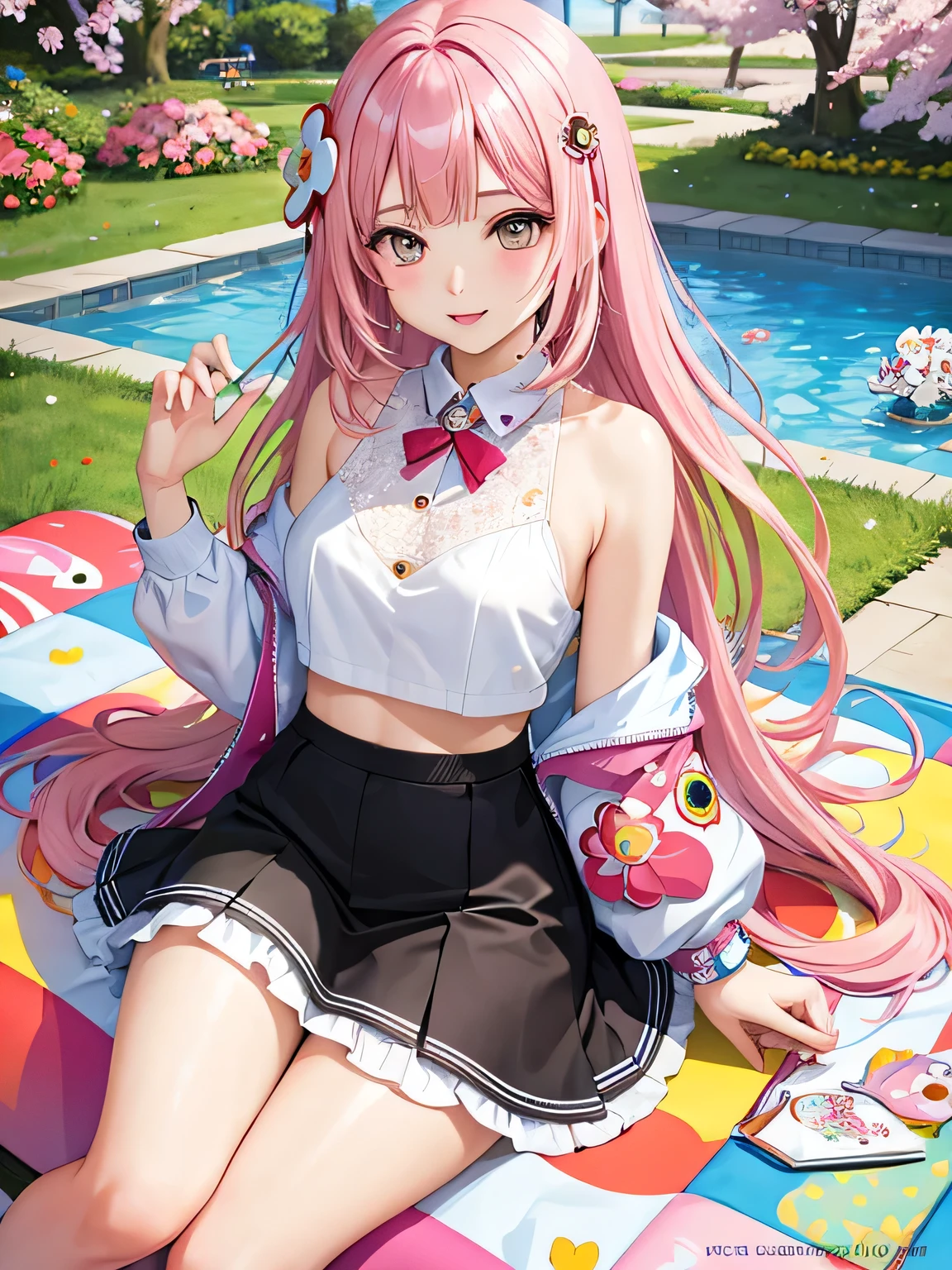 Takashi Murakami style, lips in love, sexuality, the nicest girl, beautiful eyes, Fashion Model, stylish, beautiful flower, Colorful Hearts, sitting in the spring garden, chibi