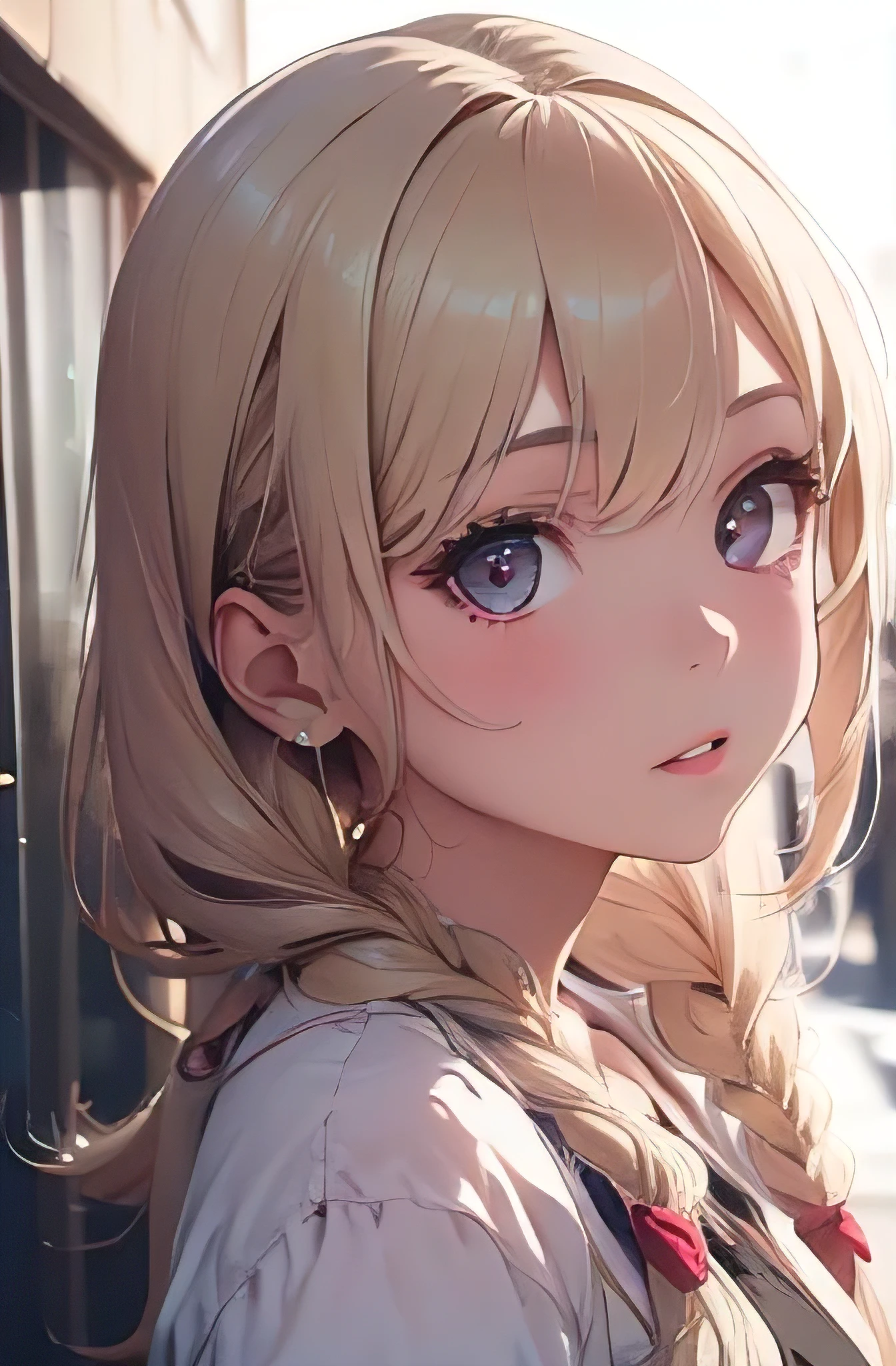 1girl, best quality, masterpiece, 4k, 8k, highres, ultra-detailed, realistic, photorealistic, photo-realistic:1.37, HDR, UHD, studio lighting, ultra-fine painting, sharp focus, physically-based rendering, extreme detail description, professional, vivid colors, bokeh, portrait, beautiful detailed eyes, beautiful detailed lips, extremely detailed eyes and face, long eyelashes, fair skin, side braids, white hair, gold eyes, white clothes, looking up, upper body, hair strand