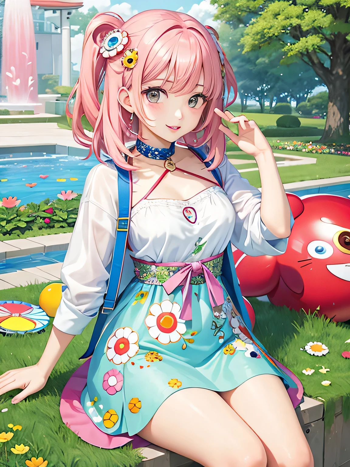 Takashi Murakami style, lips in love, sexuality, the nicest girl, beautiful eyes, Fashion Model, stylish,  beautiful flower, Colorful Hearts, sitting in the spring garden, chibi