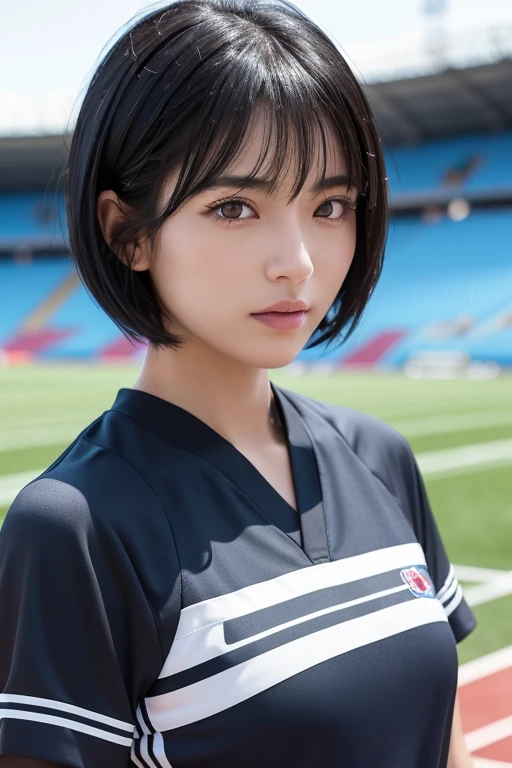 Blowing in the wind for a long time [Blue-black:.3] hair,Show Viewer, (masterpiece:1.3), (8k, Realistic, RAW Photos, highest quality: 1.4), Japanese, (A 40 year old girl), Beautiful Face, (Realistic Face), (black hair, short hair:1.3), beautiful hairstyle, Realistic eyes, Beautiful details, (Realistic Skin), Beautiful Skin, charm, Ultra-high resolution, Ultra-realistic, Very detailed, Athletics Stadium、uniform