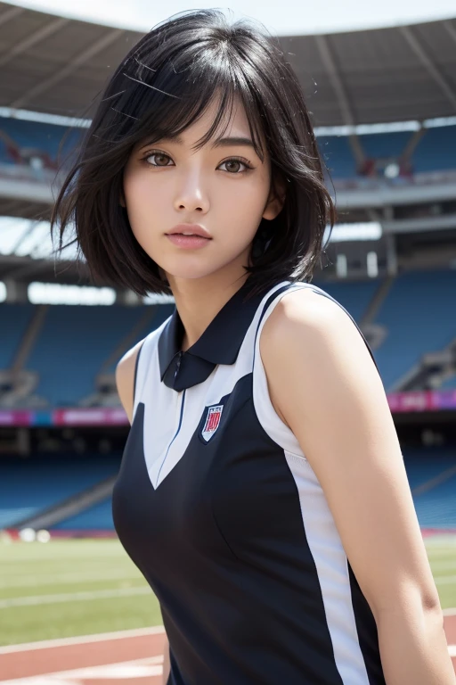 Blowing in the wind for a long time [Blue-black:.3] hair,Show Viewer, (masterpiece:1.3), (8k, Realistic, RAW Photos, highest quality: 1.4), Japanese, (A 40 year old girl), Beautiful Face, (Realistic Face), (black hair, short hair:1.3), beautiful hairstyle, Realistic eyes, Beautiful details, (Realistic Skin), Beautiful Skin, charm, Ultra-high resolution, Ultra-realistic, Very detailed, Athletics Stadium、uniform