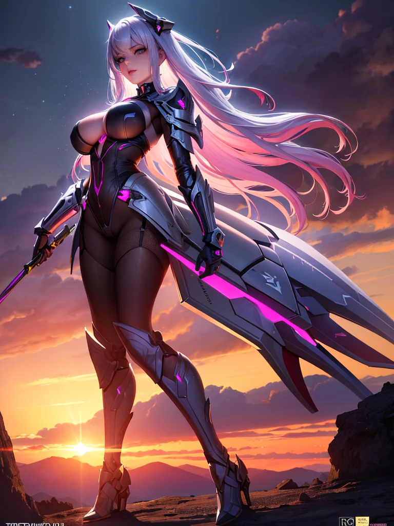 1girl, android girl, half futuristic metallic armor, half lingerie with stockings and garter belt, bustier with lace bra, latex whip, slim body, purple detailed eyes, pink and white hair, extremely detailed face, perfect facial symmetry, perfect body, on unknown planet, in the background futuristic spaceship, back view, ass, looking at the viewer, concept art, digital painting, cinematic lighting, dramatic shadows, vibrant colors, intricate details, hyperrealistic, (best quality,4k,8k,highres,masterpiece:1.2),ultra-detailed,(realistic,photorealistic,photo-realistic:1.37)