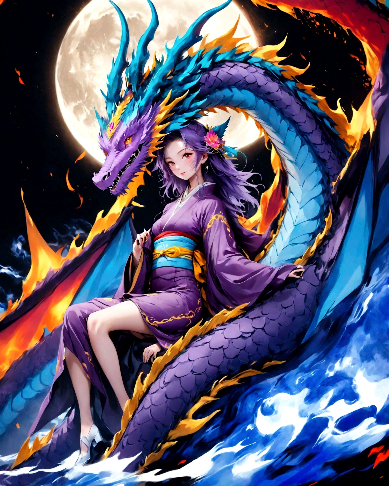 masterpiece, highest quality, Ultra-high resolution,A beautiful woman in a kimono is straddling a giant dragon.、Dynamic Movement、Close-up、Full moon night