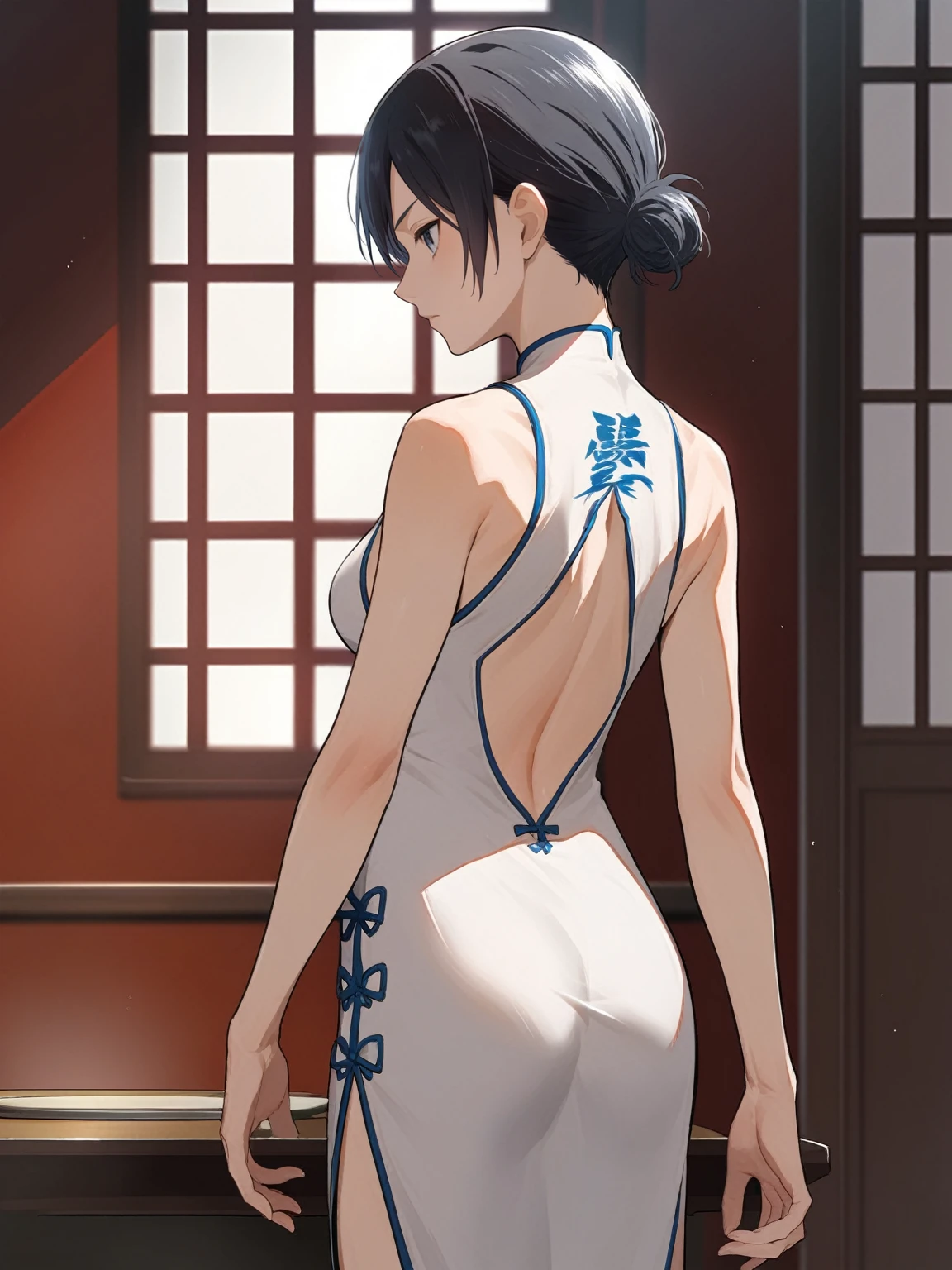 score_9, score_8_up, source_anime, solo, 1girl, tomboy, dress, annie leonhart,  attack on titan, lole, young, ((aged down)), ikuchan, black hair, black hair, oriental, Chinese dress, short dress, short hair, indoors, boob window