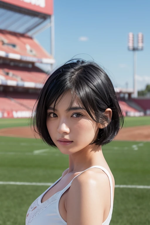 Athletics Stadium、Blowing in the wind for a long time [Blue-black:.3] hair,Show Viewer, (masterpiece:1.3), (8k, Realistic, RAW Photos, highest quality: 1.4), Japanese, (A 40 year old girl), Beautiful Face, (Realistic Face), (black hair, short hair:1.3), beautiful hairstyle, Realistic eyes, Beautiful details, (Realistic Skin), Beautiful Skin, charm, Ultra-high resolution, Ultra-realistic, Very detailed