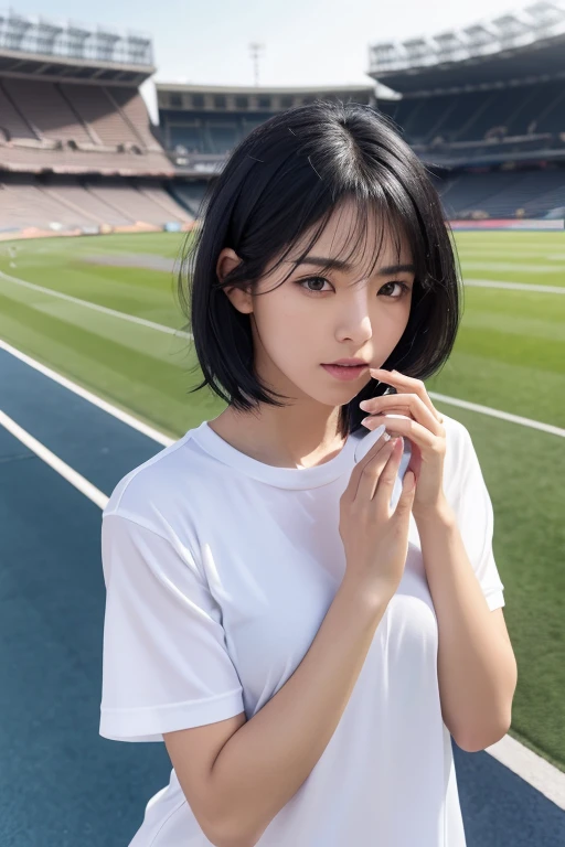 Athletics Stadium、Blowing in the wind for a long time [Blue-black:.3] hair,Show Viewer, (masterpiece:1.3), (8k, Realistic, RAW Photos, highest quality: 1.4), Japanese, (A 40 year old girl), Beautiful Face, (Realistic Face), (black hair, short hair:1.3), beautiful hairstyle, Realistic eyes, Beautiful details, (Realistic Skin), Beautiful Skin, charm, Ultra-high resolution, Ultra-realistic, Very detailed