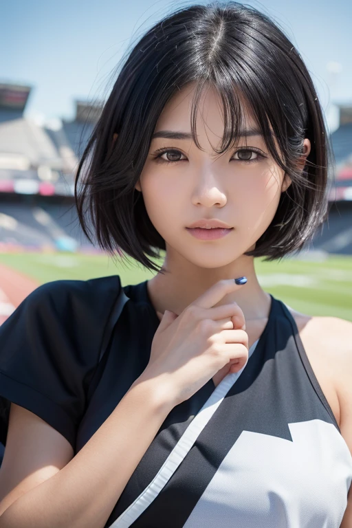 Athletics Stadium、Blowing in the wind for a long time [Blue-black:.3] hair,Show Viewer, (masterpiece:1.3), (8k, Realistic, RAW Photos, highest quality: 1.4), Japanese, (A 40 year old girl), Beautiful Face, (Realistic Face), (black hair, short hair:1.3), beautiful hairstyle, Realistic eyes, Beautiful details, (Realistic Skin), Beautiful Skin, charm, Ultra-high resolution, Ultra-realistic, Very detailed