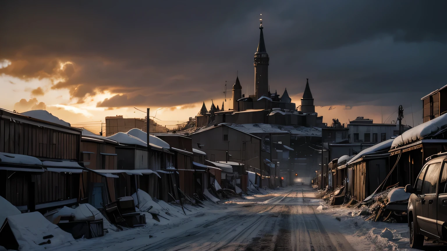 Dramatic lighting, chiaroscuro, post-apocalyptic, view from ground level, Russian city, rubble, no cars, black smoke from industrial chimneys, hundreds of prisoners in ragged clothes and shackled together, wooden watchtowers, debris, deep snow, daytime but overcast