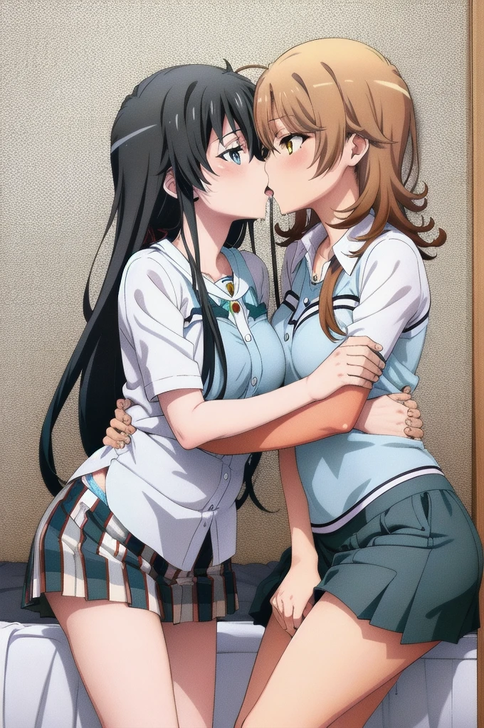 2 girls , bed,(Yukinoshita Yukino) , (Iroha issiki , brown hair) ,kiss , Drool, check skirt, the skirt is rolled up, white panties ,light blue panties,