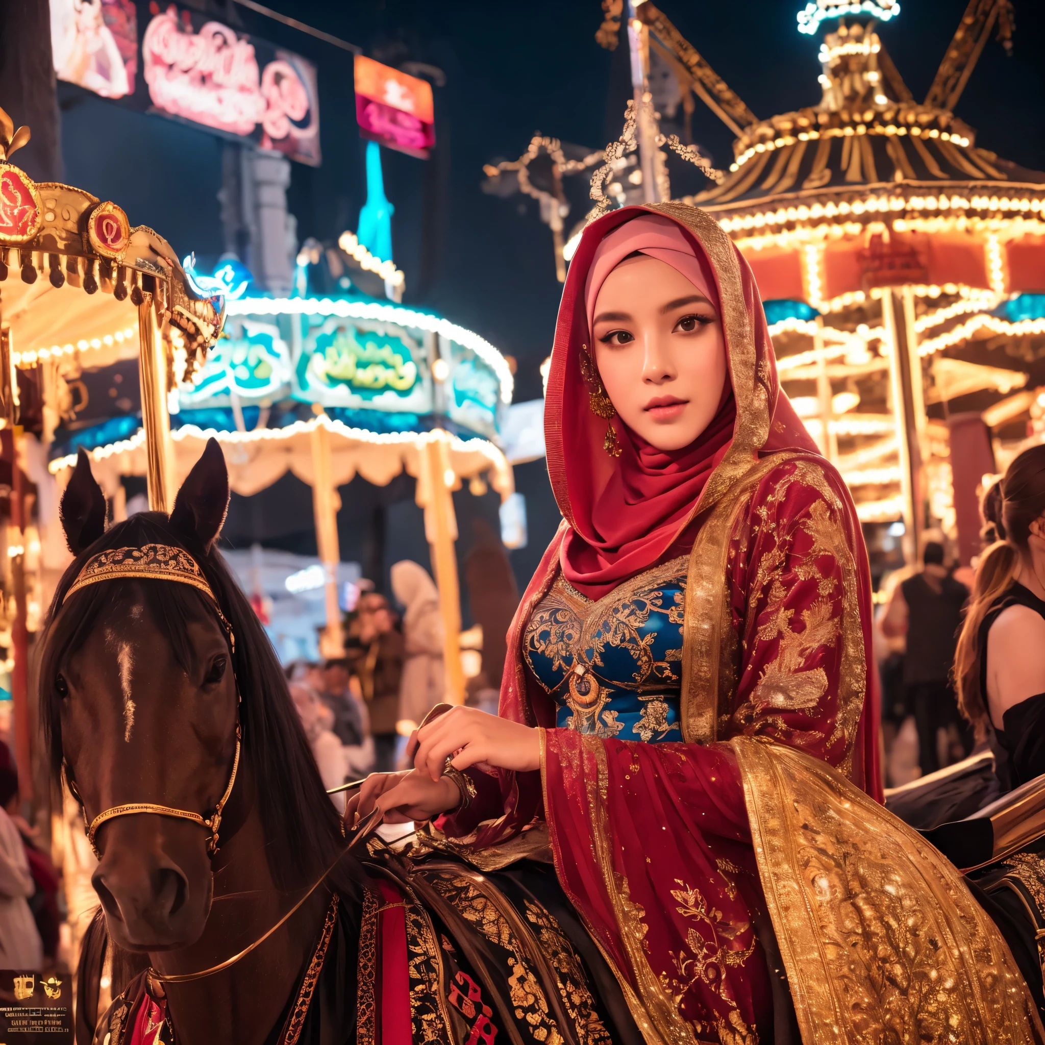 a beautiful young girl, 1girl, carousel, wearing long hijab, night carnival, night bazaar, detailed face, intricate long costume, detailed eyes, detailed lips, detailed hair, detailed skin, detailed clothing, fantasy, magical, enchanting, atmospheric, dramatic lighting, cinematic, colorful, vibrant colors, chiaroscuro, photorealistic, 8k, ultra-detailed, masterpiece, professional
